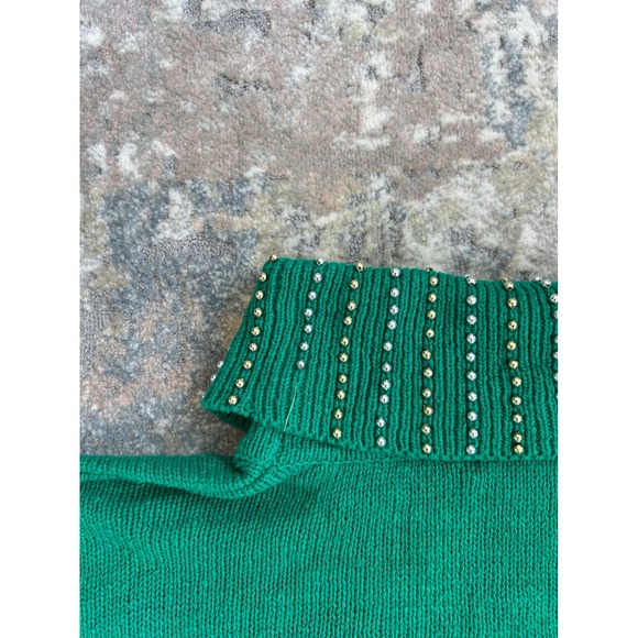 VTG beaded green ugly christmas sweater wide cowl neck ramie cotton L - Picture 7 of 8
